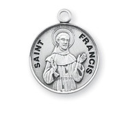 Saint Francis Medal - St Francis  Round 7/8" medal. Medal is sterling silver and comes with a 20" genuine rhodium plated curb chain.  Medal presents in a deluxe velour gift box.  Made in the USA. Engraving option available.