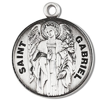 Saint GabrieSt. Gabriel Round 7/8" medal. Medal is sterling silver and comes with a 20" genuine rhodium plated curb chain.  Medal presents in a deluxe velour gift box.  Made in the USA. Engraving option availablel Medal