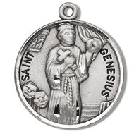 St. Genesius Round 7/8" medal. Medal is sterling silver and comes with a 20" genuine rhodium plated curb chain.  Medal presents in a deluxe velour gift box.  Made in the USA. Engraving option available