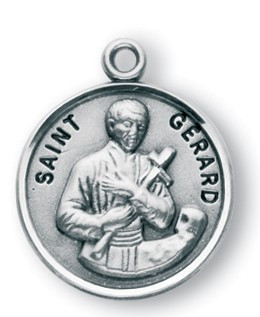 Round Sterling Silver St. Gerard medal/pendant comes on a 20" genuine rhodium plated curb chain. Saint Gerard is the Patron Saint of pregnancy and safe delivery.
Dimensions: 0.8" x 0.7"(21mm x 18mm)
Weight of medal: 3.3 Grams.
Made in the USA.  Engraving Available