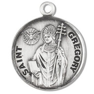 Sterling Silver Round St. Gregory medal pendant comes on a 20" genuine rhodium plated curb chain. Medal comes in a deluxe velour gift box. Made in the USA.  Engraving Available