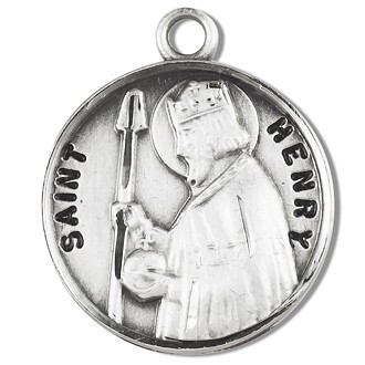 Saint Henry Medal  ~ Round Sterling silver St. Henry medal/pendant. Saint Henry is the Patron Saint of the Childless, and the Handicapped. Medal comes on a 20" Genuine rhodium plated curb chain. Deluxe velvet gift box included.  Made in the USA! Engraving Available