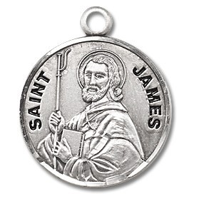 St. James Round 7/8" medal. Medal is sterling silver and comes with a 20" genuine rhodium plated curb chain.  Medal presents in a deluxe velour gift box.  Made in the USA. Engraving option available