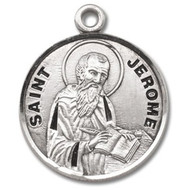 Round Sterling silver St. Jerome medal/pendant. Medal comes on a 20" Genuine rhodium plated curb chain.  Made in USA. Deluxe velvet gift box included.  Engraving Available