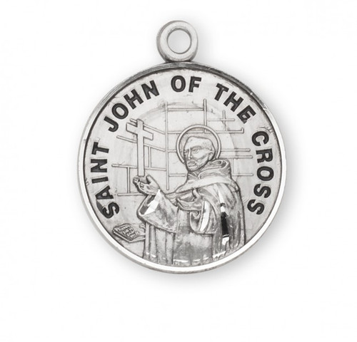 Round St. John of the Cross Sterling silver medal with a 20" genuine rhodium plated chain. Comes in a deluxe velour gift box. Engraving option available. Made in the USA