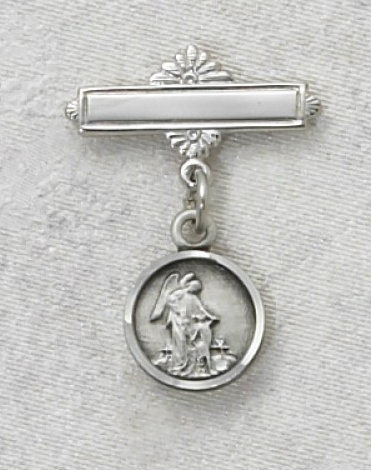 Sterling Silver Guardian Angel Baby Bar Pin. Sterling Silver or Gold on Sterling Silver Guardian Angel Baby Bar Pin/Pendant. Engraving Available. Sized for baby, ideal gift for baptism! Made in the USA. 