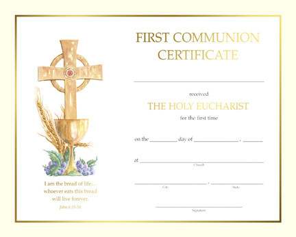 Pre printed Communion Certificate, Spiritual Collection-50 - 8" x 10" Gold Foil Communion Certificates ~ Blank for computerized printing or Preprinted. Lay out guides are provided for the blank certificates along with wording ideas. Coordinating Bulletins(TB103) and Holy Cards (HG100) are available

 