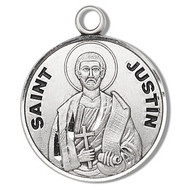 Round sterling silver St. Justin medal/pendant. Medal comes on a 20" Genuine rhodium plated curb chain. A deluxe velour gift box is included.  Made in the USA. Engraving Available