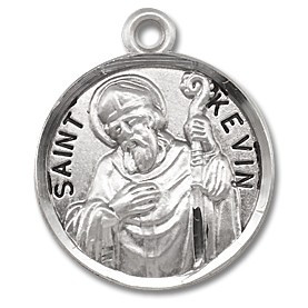Saint Kevin Medal ~ Round sterling silver St. Kevin patron saint medal/pendant. Medal comes on a  20" Genuine rhodium plated curb chain. Dimensions: 0.9" x 0.7"(22mm x 18mm). A deluxe velour gift box is included. Made in the USA. Engraving Available