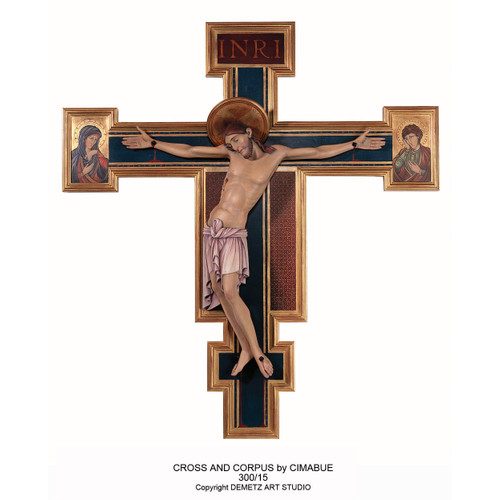 Corpus and Cross by Cimabue is created from Demetz Art Studio in Italy.  Statues can be cast in bronze, carved in wood, cast in fiberglas or carved in marble.  Cross Size Available: 42" x 38" ~ 60" x 54" ~ 78" x 71". Corpus Sizes Available: 24", 36', or 48". Please call 1.800.523.7604 for pricing