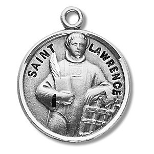  Round sterling silver St. Lawrence medal/pendant. Medal comes on a 20" genuine rhodium plated curb chain. A deluxe velour gift box is included. Made in the USA. Engraving Available. Dimensions: 0.9" x 0.7"(22mm x 18mm)
Weight of medal: 3.3 Grams.