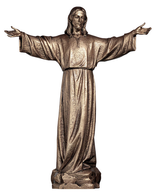 Risen Christ Statue is aailable in Colored Carved Linden Wood, Marble, or Fiberglass . Outdoor Finishes in White, Antique Silver or 3 Bronze Finishes: Antique Bronze, Statuary Bronze  or Golden Bronze finish (See Finishes Chart) Size: 48", or 72". Please call 1.800.523.7604 for pricing