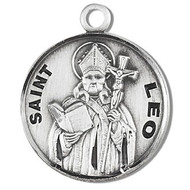 Saint Leo Medal ~ Sterling Silver Round St. Leo medal /pendant. Medal comes on a 20" Genuine rhodium plated curb chain. A deluxe velour gift box is included. Dimensions: 0.9" x 0.7"(22mm x 18mm). Made in the USA. Engraving Available