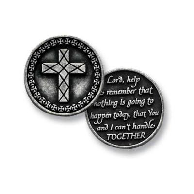 Pocket Tokens are made of genuine pewter with a design on both the front and back. Tokens are 1 1/4"  diameter. Back of token reads: "Lord, help me remember that nothing is going to happen today, that You and I can't handle TOGETHER."

 