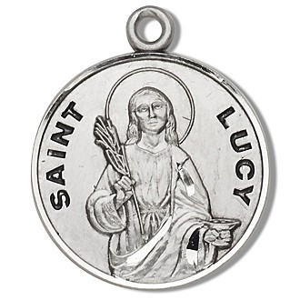 Saint Lucy Medal ~ Round 7/8" Sterling Silver St. Lucy medal/pendant. Medal comes on an 18" Genuine rhodium plated fine curb chain. A deluxe velour gift box is included. Made in the USA. Engraving Available