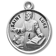 Saint Luke Medal- Saint Luke round medal-pendant.  Saint Luke is the Patron Saint of artists, brewers, painters, and physicians. Medal comes on a 20" genuine rhodium plated curb chain and presents in a deluxe velvet gift box. Dimensions: 0.9" x 0.7"(22mm x 18mm). Weight of medal: 3.3 Grams.  Made in the USA.  Engraving Available