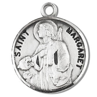 Saint Margaret Medal ~ Round St. Margaret  Solid .925 sterling silver medal.  Saint Margaret is the Patron Saint of maidens, and peasants. Medal comes on an 18" Genuine rhodium plated fine curb chain.  A deluxe velvet gift box is included.  Engraving Available. Made in USA.