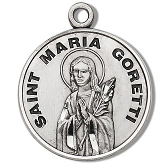 Saint Maria Goretti Medal ~ Round Solid .925 sterling silver St. Maria Goretti medal/pendant. Saint Maria Goretti is the Patron Saint of teenage girls, and purity.Medal comes on an 18" genuine rhodium plated fine curb chain. Presents in a deluxe velour gift box. Dimensions: 0.9" x 0.7"(22mm x 18mm). Made in the USA.  Engraving Available
