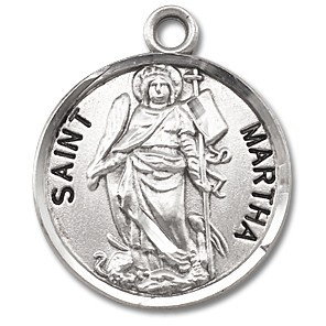 Saint Martha Medal ~ Solid .925 sterling silver round St. Martha medal/pendant come on an 18" Genuine rhodium plated fine curb chain.  Deluxe velvet gift box is included. Dimensions: 0.9" x 0.7"(22mm x 18mm). Engraving Available. Made in the USA.