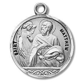 Saint Matthew Medal ~ Solid .925 sterling silver round St. Matthew medal/pendant. Saint Matthew is the Patron Saint of bankers, tax collectors, accountants, and bookkeepers. A 20" Genuine rhodium plated curb chain and  a deluxe velour gift box are included. Engraving Available. Made in the USA