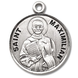 Saint Maximilian Kolbe Medal ~ Round sterling silver St. Maximilian Kolbe Medal with a genuine rhodium-plated stainless steel 20" Chain Comes in a deluxe velour gift box. Engraving available
