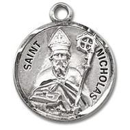 Saint Nicolas Medal ~ Solid .925 sterling silver Saint Nicholas round medal-pendant. Saint Nicholas is the Patron Saint of bakers, captives, children, merchants, and pawnbrokers.  A 20" Genuine rhodium plated curb chain and a deluxe velvet gift box are included. Made in the USA. Engraving Available.