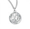 Solid .925 sterling silver Saint Nicholas round medal-pendant. Saint Nicholas is the Patron Saint of bakers, captives, children, merchants, and pawnbrokers.  A 20" Genuine rhodium plated curb chain and a deluxe velvet gift box are included. Made in the USA. Engraving Available.