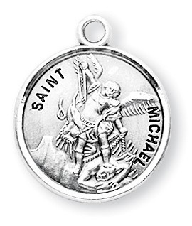 Round 7/8" St. Michael Sterling Silver medal. Medal comes with a genuine rhodium-plated, 20" curb chain. Medal comes in a deluxe velour gift box. Engraving Available. Made in the USA!
Dimensions: 0.9" x 0.7"(22mm x 18mm)
Weight of medal: 3.3 Grams.
