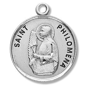 Saint Philomena Medal ~ Solid .925 sterling silver Saint Philomena round medal-pendant. Saint Philomena is the Patron Saint of bodily ills, and infants.  An 18" Genuine rhodium plated fine curb chain and a deluxe velour gift box are included. Dimensions: 0.9" x 0.7"(22mm x 18mm)Made in the USA. Engraving Available