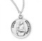 Solid .925 sterling silver Saint Philomena round medal-pendant. Saint Philomena is the Patron Saint of bodily ills, and infants.  An 18" Genuine rhodium plated fine curb chain and a deluxe velour gift box are included. Dimensions: 0.9" x 0.7"(22mm x 18mm)Made in the USA. Engraving Available