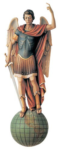 3/4 relief of Saint Michael
Finished in traditional colors with gold and silver decorations

Available in full round figure cast in fiberglass and polyester resin and full round carved in lindenwood
Sizes: 
Size of figure: (36) 36" (3')
Overall size: 56" (4'8")
Size of figure: (48) 48" (4')
Overall size: 70" (5'10")
