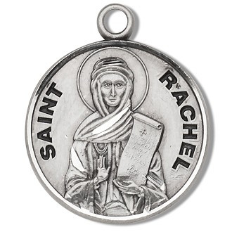 Solid .925 sterling silver Saint Rachel round medal-pendant.  Saint Rachel is the Patron Saint of childless wives and childbirth.  An 18" Genuine rhodium plated fine curb chain and a deluxe velour gift box are included. Dimensions: 0.9" x 0.7"(22mm x 18mm). Made in the USA. Engraving Available