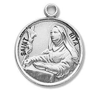 Saint Rita Medal ~ Solid .925 sterling silver Saint Rita round medal-pendant. Saint Rita is the Patron Saint of loneliness, and healing of wounds. An 18" Genuine rhodium plated fine curb chain and a deluxe velour gift box are included. Dimensions: 0.9" x 0.7"(22mm x 18mm) Made in the USA. Engraving Available