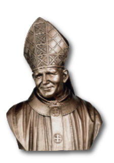 Image of a bronze cast bust of Saint John Paul II wearing his traditional Pope garb.