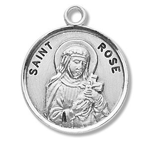 Saint Rose Medal ~ Solid .925 sterling silver Saint Rose round medal-pendant. Saint Rose is the Patron Saint of florist, gardeners, and needle workers. Dimensions: 0.9" x 0.7"(22mm x 18mm).  An 18" Genuine rhodium plated fine curb chain and a deluxe velour gift box are included. Made in the USA. Engraving available. 