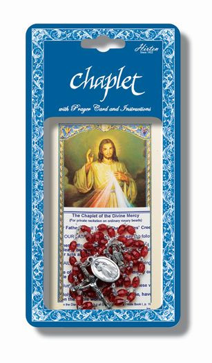 Divine Mercy Deluxe Chaplet with Oval Red Beads. Packaged with a laminated holy card & instruction pamphlet.  (Overall 6.5” x 3.5”)