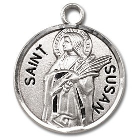 Saint Susan Medal ~ Solid .925 sterling silver Saint Susan round medal-pendant. Saint Susan is the Patron Saint of people forced into exile. An 18" Genuine rhodium plated fine curb chain and a Deluxe velvet gift box are included.  Dimensions: 0.9" x 0.7"(22mm x 18mm). Made in the USA. Engraving is available. 