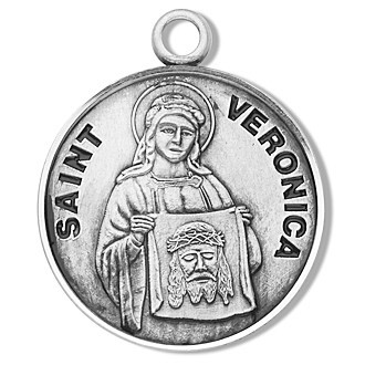 Saint Veronica Medal ~ Solid .925 sterling silver Saint Veronica round medal-pendant. Saint Veronica is the Patron Saint of photography, and laundry workers. A 18" Genuine rhodium plated fine curb chain and a deluxe velour gift box are included. Made in USA. Engraving Available