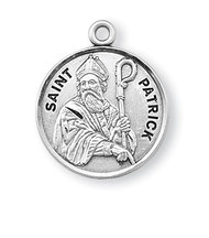 7/8" solid .925 sterling silver round St. Patrick sterling silver medal/pendant. Saint Patrick is the Patron Saint of Ireland and snakebites.A 20" genuine rhodium plated curb chain and a deluxe velour gift box are included. Engraving available. Made in the USA