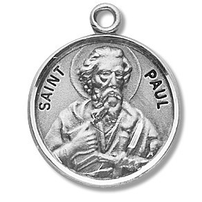 Saint Paul Medal ~ Solid .925 sterling silver Saint Paul round medal-pendant. Saint Paul is the Patron Saint of musicians, priests, and tent makers. A 20" Genuine rhodium plated curb chain and a deluxe velour gift box are included. Dimensions: 0.9" x 0.7"(22mm x 18mm). Made in the USA. Engraving available