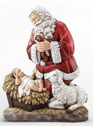 Slim Line Kneeling Santa Resin Figurine ~ Combining the two major symbols of Christmas - the Christ Child and Santa Claus - in a way that connotes their proper relationship - the secular subservient to the sacred - is an idea that goes back many years with Ray Gauer. While raising his own large family he became increasingly concerned about the over-commercialization of the holiday. To depict Santa Claus - St. Nicholas - on his knees before the newborn Christ Child, seemed a most effective means to counteract that trend.  The idea - which he humbly considers inspired - reached fruition in the beautiful figurine of the KNEELING SANTA which he commissioned the internationally renowned sculptor, Rudolph Vargas, to create in 1976. It has evolved into an extensive line of related products that have won a place of honor in Christian homes, schools and churches.