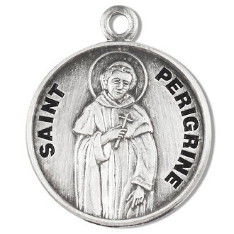 Saint Peregrine Medal ~ Solid .925 sterling silver round St. Peregrine medal/pendant. Saint Peregrine is the Patron Saint of cancer patients. A 20" Genuine rhodium plated curb chain and a deluxe velour gift box are included. Dimensions: 0.9" x 0.7"(22mm x 18mm).  Made in the USA.  Engraving Option Available
