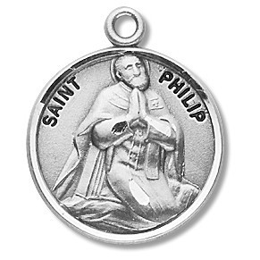 Saint Phillip Medal  ~ Solid .925 sterling silver Saint Philip round medal-pendant. Saint Philip is the Patron Saint of hatters, pastry chefs. A 20" Genuine rhodium plated curb chain and a deluxe velour gift box are included. Dimensions: 0.9" x 0.7"(22mm x 18mm). Made in the USA. Engraving Option Available