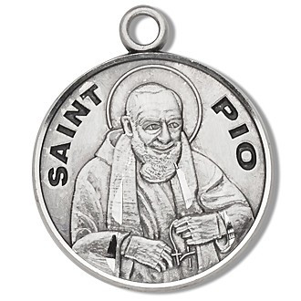 Padre Pio Medal Solid .925 sterling silver Saint Pio round medal-pendant. Saint Pio is the Patron Saint of civil defense volunteers, and catholic adolescents. A 20" Genuine rhodium plated curb chain and a deluxe velour gift box are included. Dimensions: 0.9" x 0.7"(22mm x 18mm). Made in the USA. Engraving Option Available