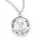 Solid .925 sterling silver Saint Pio round medal-pendant. Saint Pio is the Patron Saint of civil defense volunteers, and catholic adolescents. A 20" Genuine rhodium plated curb chain and a deluxe velour gift box are included. Dimensions: 0.9" x 0.7"(22mm x 18mm). Made in the USA. Engraving Option Available