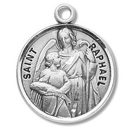 Saint Raphael the Archangel Medal ~ Solid .925 sterling silver Saint Raphael Archangel round medal-pendant. Saint Raphael Archangel is the Patron Saint of the blind, nurses, lovers, physicians, and travelers. A 20" Genuine rhodium plated curb chain and a deluxe velour gift box are included. Dimensions: 0.9" x 0.7"(22mm x 18mm). Made in the USA. Engraving Option Available