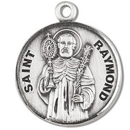 Solid .925 sterling silver Saint Raymond round medal-pendant.  Saint Raymond is the Patron Saint of expectant mothers, and those falsely accused.  A 20" Genuine rhodium plated curb chain and a deluxe velour gift box are included.  Dimensions: 0.9" x 0.7"(22mm x 18mm). Made in the USA. Engraving Option Available