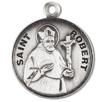 Saint Robert Medal ~ Solid .925 sterling silver Saint Robert round medal-pendant.  Saint Robert is the Patron Saint of catechists, and canonists. A 20" Genuine rhodium plated curb chain and a deluxe velour gift box are included. Dimensions: 0.9" x 0.7"(22mm x 18mm). Made in the USA. Engraving Option Available