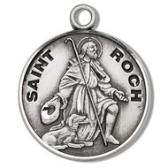 Saint Roch Medal ~ Solid .925 sterling silver. Saint Roch round medal-pendant.  Saint Roch is the Patron Saint of invalids, plague stricken, and epidemics.  A 20" Genuine rhodium plated curb chain and a deluxe velour gift box are included. Dimensions: 0.9" x 0.7"(22mm x 18mm). Made in the USA. Engraving Option Available