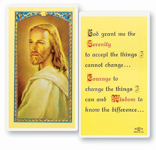 Head of Christ/Serentiy Prayer. Clear, laminated Italian holy cards with gold accents.  Features World Famous Fratelli-Bonella Artwork. 2.5'' X 4.5'' 